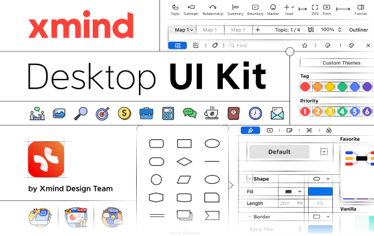 xmind desktop ui kit including stickers, markers, topic shapes.